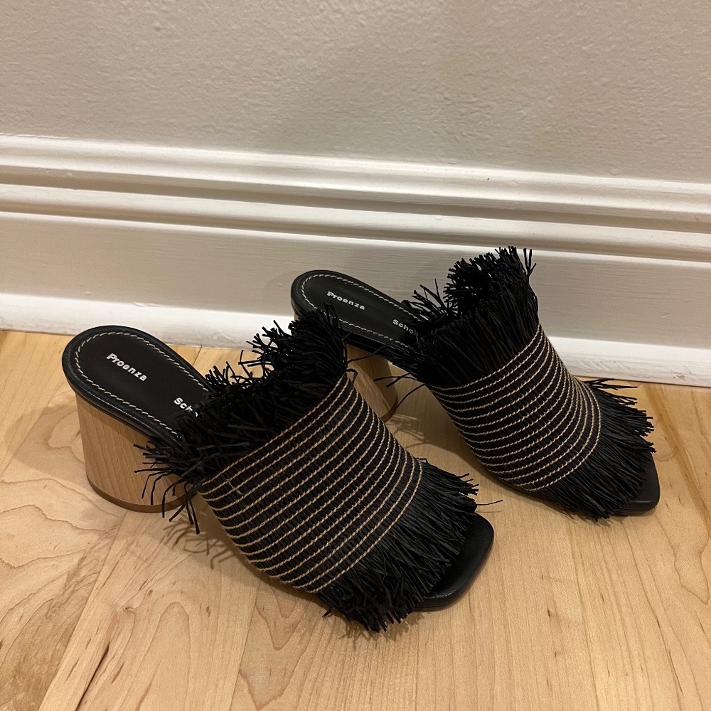 Proenza Schouler Woven Raffia Fringed Mules Size 36.5